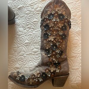 Embellished Floral Western Boot - Brown Leather